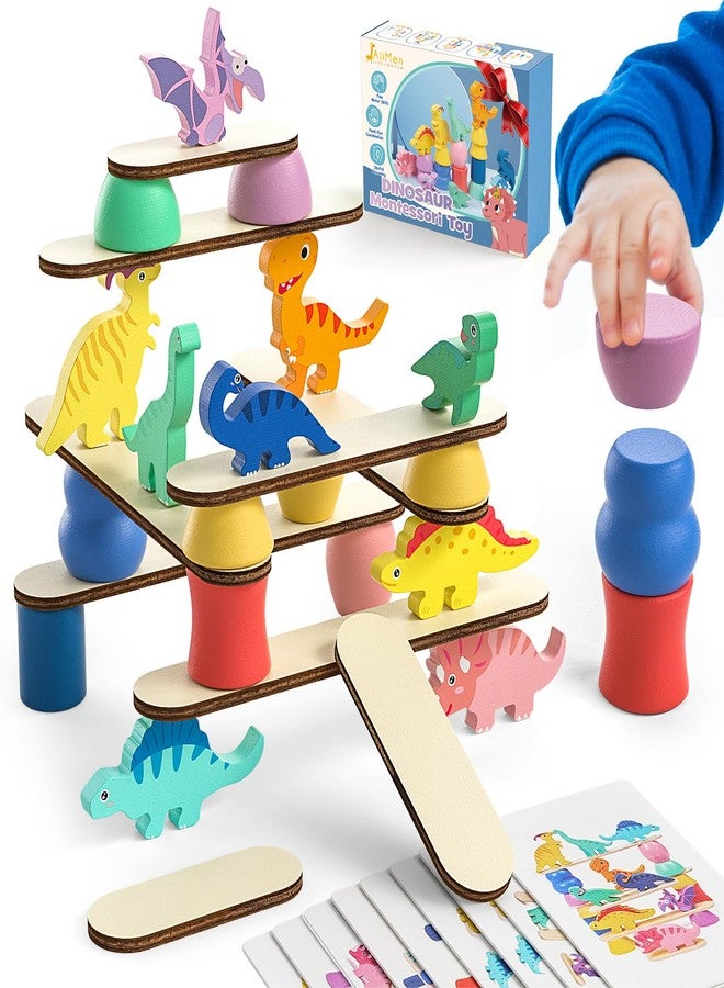 JAiiMen Montessori Dinosaur Toys for 1 2 3 4 Year Old Toddlers, Preschool Education Toys for Ages 2-4 Boys Girls Kids, Wooden Dinosaur Blocks Sorting & Stacking & Balance Toy, Educational Birthday Gift - Image 1